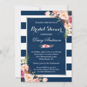 Wedding Bridal Shower Floral Silver Navy Stripes Invitation