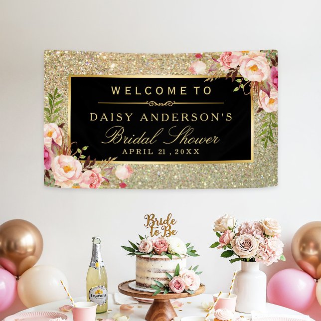Wedding Bridal Shower Gold Glitter Sparkles Floral Banner (Creator Uploaded)