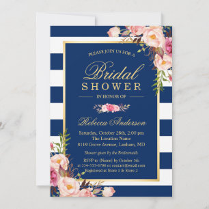 Wedding Bridal Shower Navy Blue Stripes Floral Invitation
