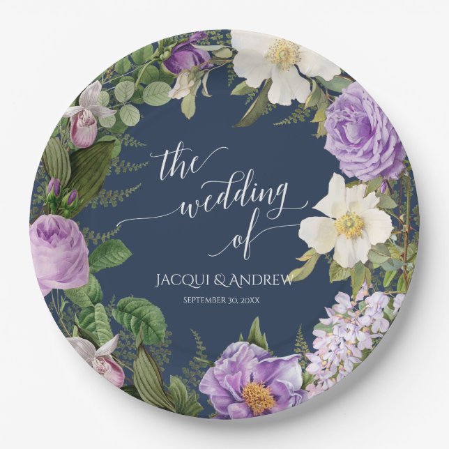 Wedding Bridal Shower Navy Lavender Roses Wreath Paper Plate (Front)