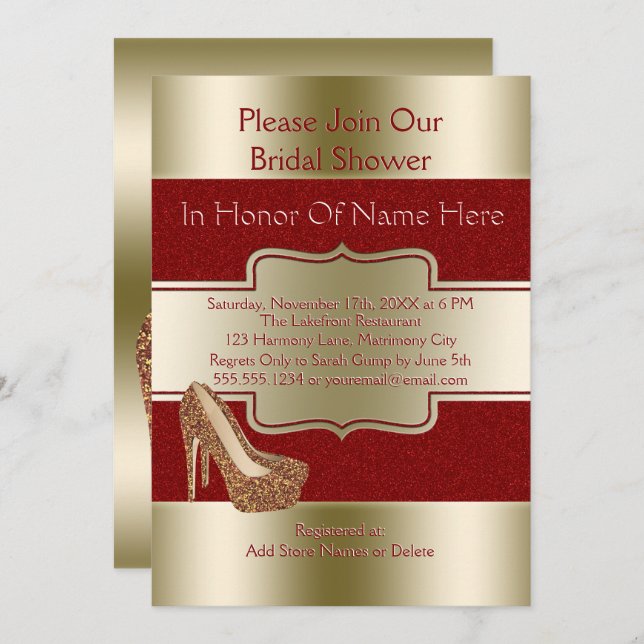 Wedding Bridal Shower | Red Gold Glitter Shoes Invitation (Front/Back)