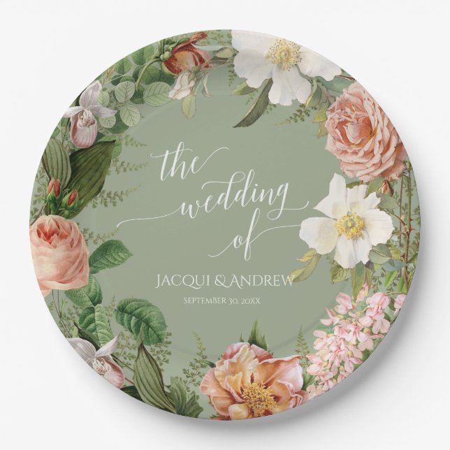 Wedding Bridal Shower Sage Blush Fern Rose Wreath Paper Plate (Front)