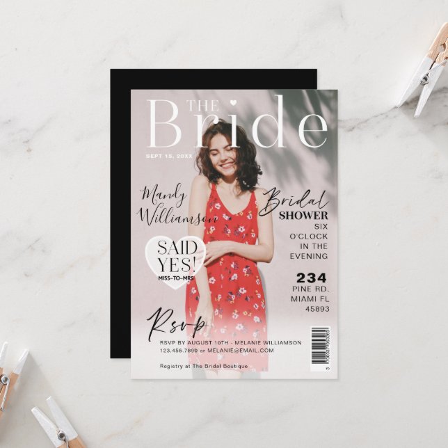 Wedding Bridal Shower Trendy Photo Magazine Cover Invitation (Front/Back In Situ)