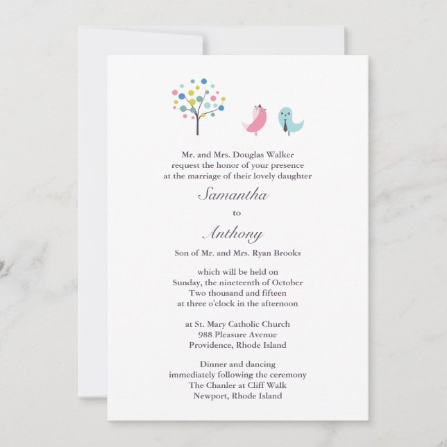 Wedding Bride and Groom Birds Flat Invitation (Front)
