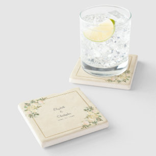 Wedding Bride and Groom Elegant Rose Floral Ecru Stone Coaster