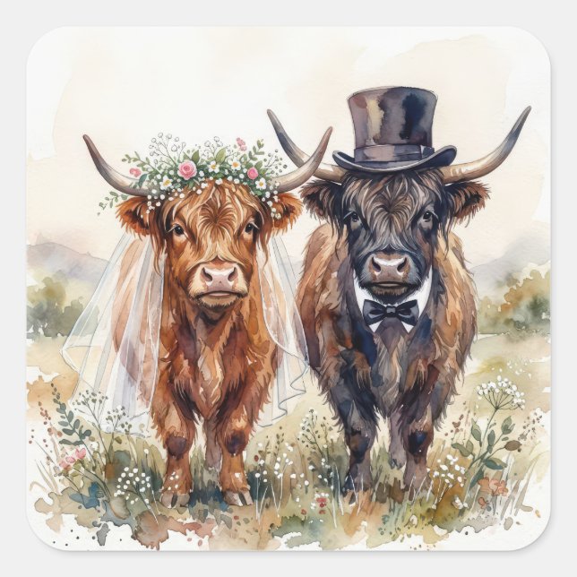 Wedding Bride and Groom Highland Cows Square Sticker (Front)