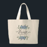 Wedding Bride Blue Floral Garland Personalised Large Tote Bag<br><div class="desc">A botanical floral Wedding Bride wedding calligraphy with blue delphiniums flower garland. Personalised with bride's name. A wonderful Custom gift with tint blue delphinium flowers. A must-have for your wedding activities.</div>