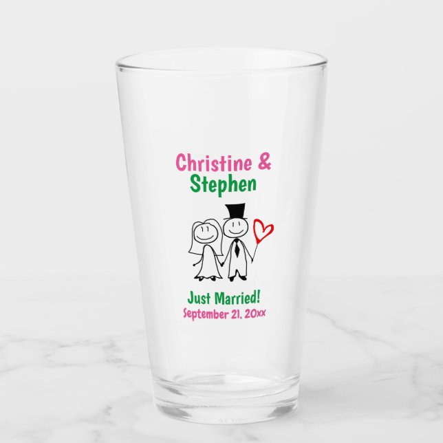 Wedding Bride Groom Cute Cartoon Stick Couple Pint Glass (Front)