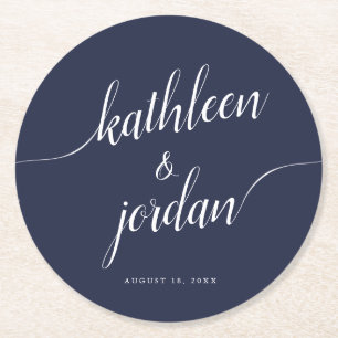 Wedding Bride & Groom Handwritten Calligraphy Round Paper Coaster