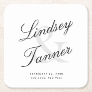 Wedding Bride & Groom in Elegant Shadowed Script Square Paper Coaster