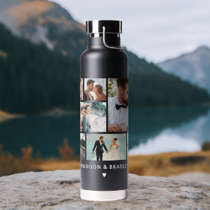 WEDDING Bride & Groom Multi Photo Collage Modern Water Bottle