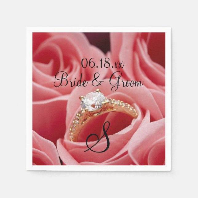 Wedding Bride Groom Name Date Monogram Roses Paper Napkin (Front)