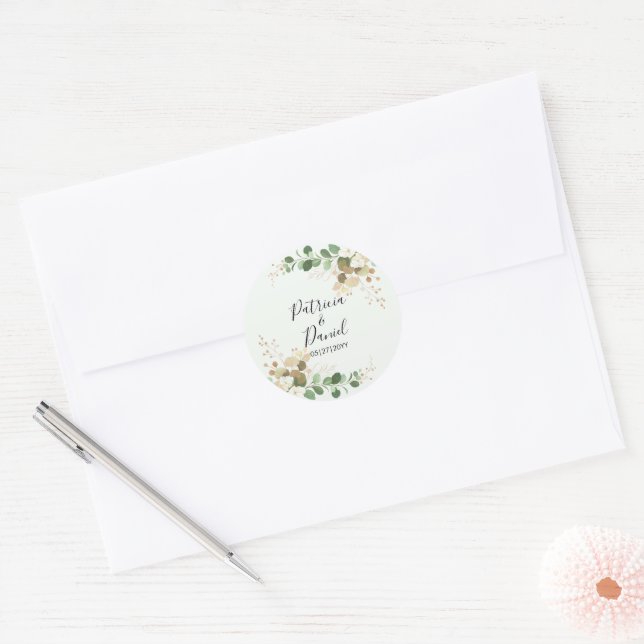 Wedding Bride Groom Name Green Floral Eucalyptus Classic Round Sticker (Envelope)