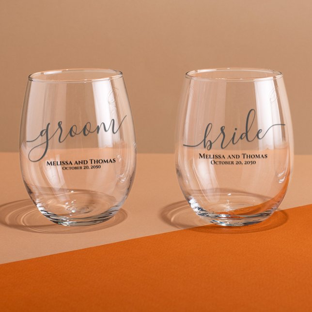 Wedding Bride Groom Script Personalised Stemless Wine Glass (Custom wine glasses with Bride and groom Calligraphy script)