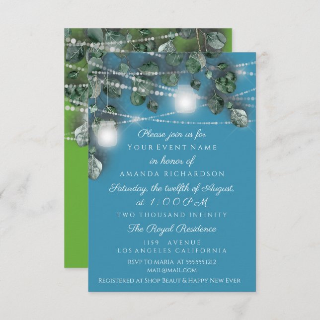 Wedding Bride Lights Jars Rustic Blue Fresh Green Invitation (Front/Back)