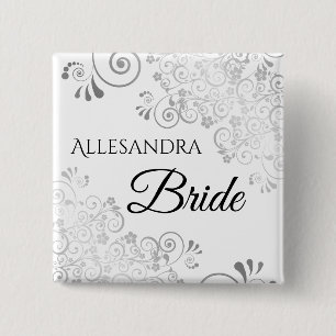 Wedding Bride Name Tag Silver Floral Filigree 15 Cm Square Badge