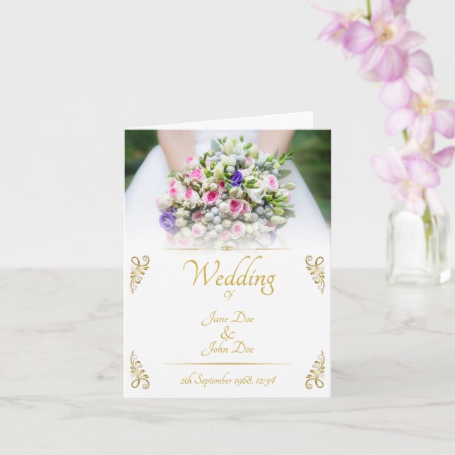 Wedding - bride with colourful wedding bouquet card (Orchid)