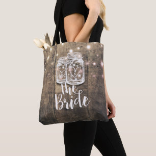 Wedding Brides Rustic Wood Mason Jar String Lights Tote Bag