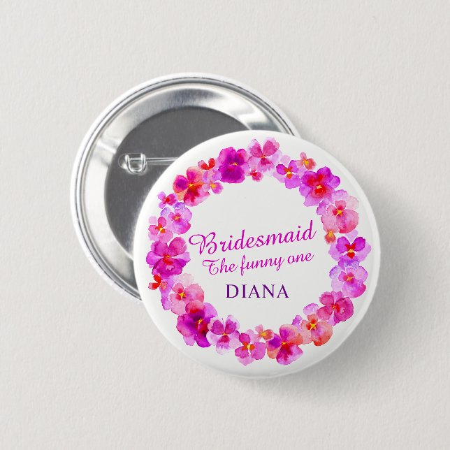 Wedding bridesmaid pansy pink flower custom name 6 cm round badge (Front & Back)