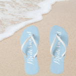 Wedding Bridesmaid Trendy Light Blue Thongs<br><div class="desc">Gift your wedding bridesmaids with these stylish bridesmaid flip flops that are a trendy,  light blue colour along with white,  stylised script to complement your similar wedding colour scheme. Select foot size along with other options. Available in many,  popular bridesmaid wedding colour schemes.</div>