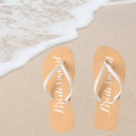 Wedding Bridesmaid Trendy Peach Thongs<br><div class="desc">Gift your wedding bridesmaids with these stylish bridesmaid flip flops along with white,  stylised script that are a trendy peach colour to complement your similar wedding colour scheme. Select foot size along with other options. You may customise your flip flops to change colour to your desire.</div>