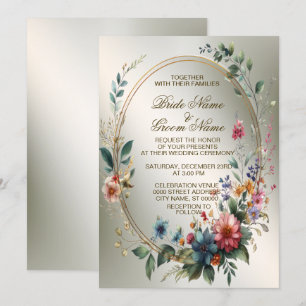 Wedding Bronze Colourful Flowers Golden Frame Part Invitation