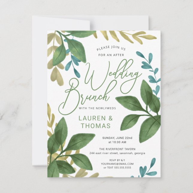 Wedding Brunch Watercolor Tea Leaves Foliage Invitation (Front)