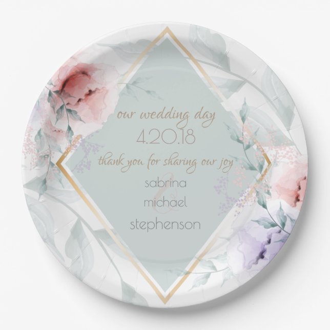 Wedding Buffet | Coral and Lilac Aquarelle Flowers Paper Plate (Front)