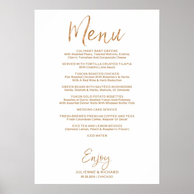 Wedding Buffet Menu | Stylish Gold Rose Lettered Poster (Front)