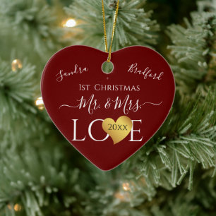 Wedding Burgandy Red Heart christmas Name Mr  Mrs Ceramic Ornament