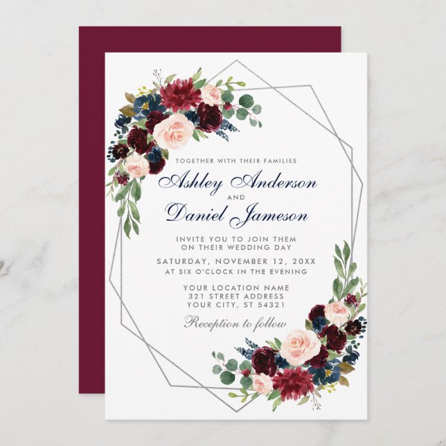 Wedding Burgundy Blue Floral Geometric Silver Invitation (Front/Back)