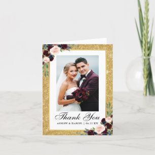 Wedding Burgundy Blue Floral Gold Glitter Note Thank You Card