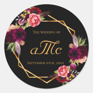 Wedding burgundy floral black monogram initials classic round sticker