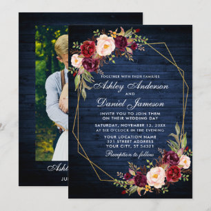 Wedding Burgundy Floral Blue Wood Photo Geometric Invitation