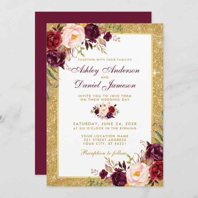 Wedding Burgundy Floral Gold Glitter Invitation B (Front/Back)