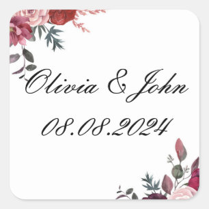 wedding burgundy floral square sticker
