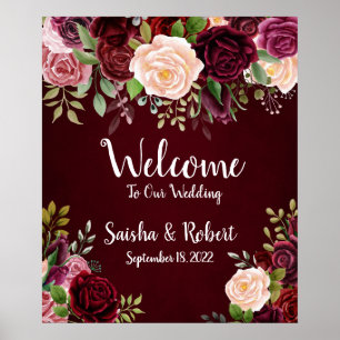Wedding burgundy floral welcome sign