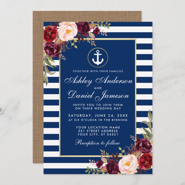 Wedding Burgundy Nautical Blue Stripes Invite B (Front/Back)