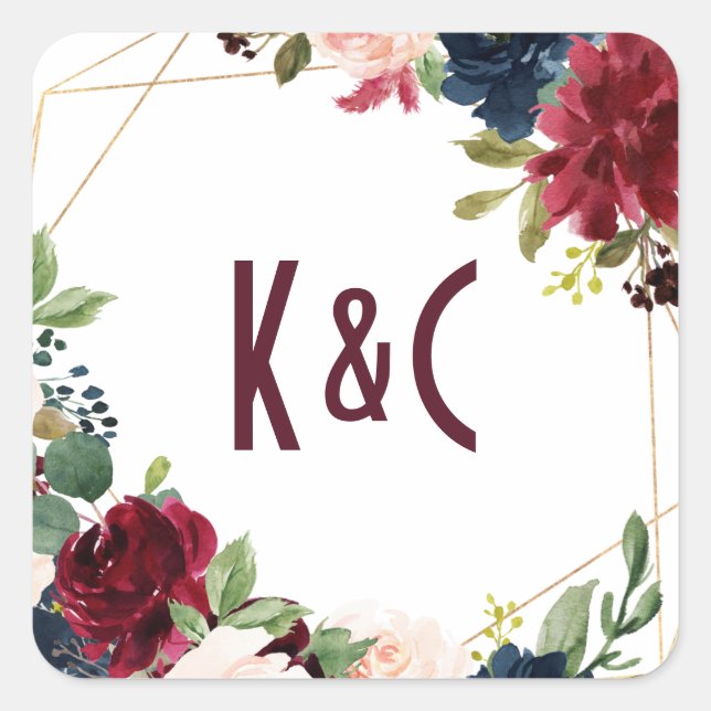 Wedding Burgundy & Navy Floral Geometric Square Sticker (Front)