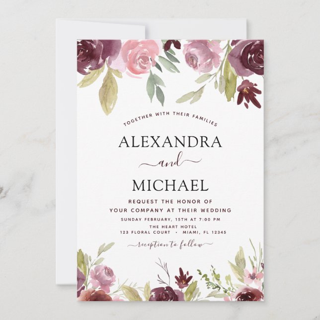 Wedding Burgundy Pink Modern Elegant Floral Invitation (Front)