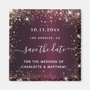Wedding burgundy rose gold glitter save the date magnet