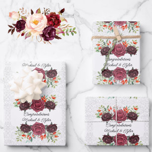 Wedding Burgundy Roses Personalise Names 3 Damask Wrapping Paper Sheet