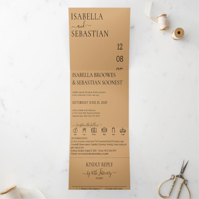 Wedding Burly Wood Sand All in one set Tri-Fold Invitation (Inside)