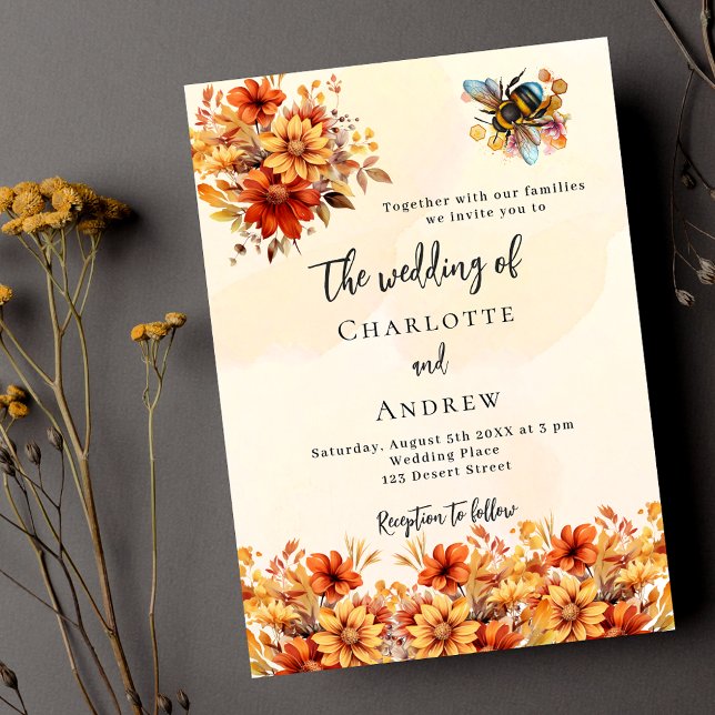 Wedding burnt orange fall florals bee invitation postcard (Creator Uploaded)