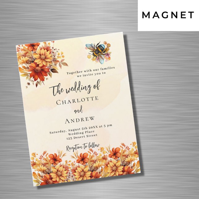 Wedding burnt orange fall florals bee luxury magnetic invitation (Creator Uploaded)