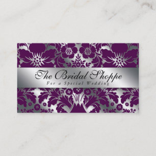 Wedding Business Card Damask Floral Purple Silver