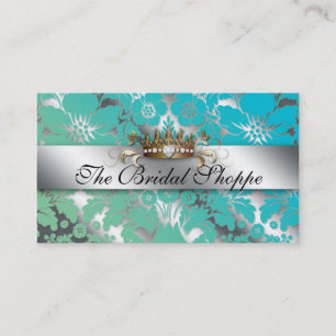 Wedding Business Card Damask Floral Silver Crown