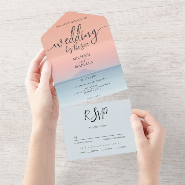 Wedding by the sea under peachy sky sunset all in one invitation (Tearaway)