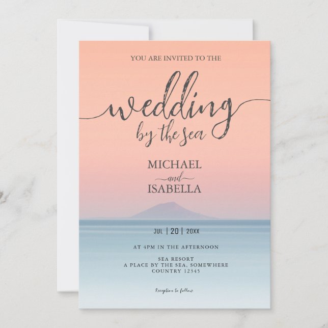 Wedding by the sea under peachy sky sunset invitation (Front)