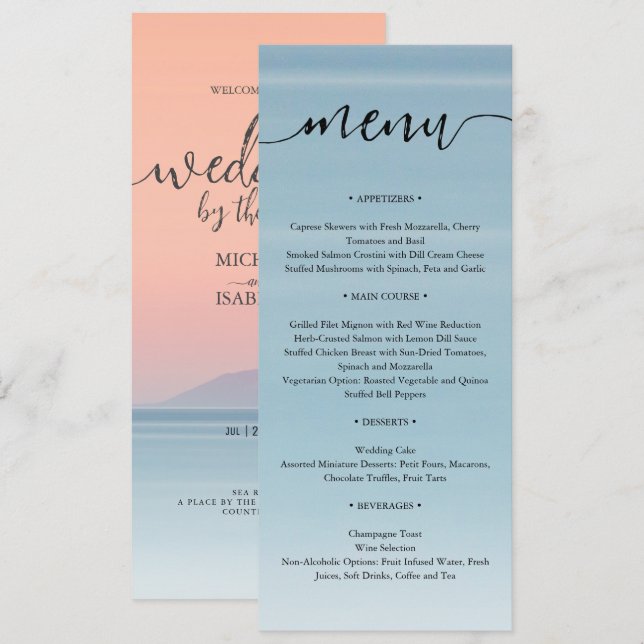 Wedding by the sea under peachy sky sunset menu (Front/Back)